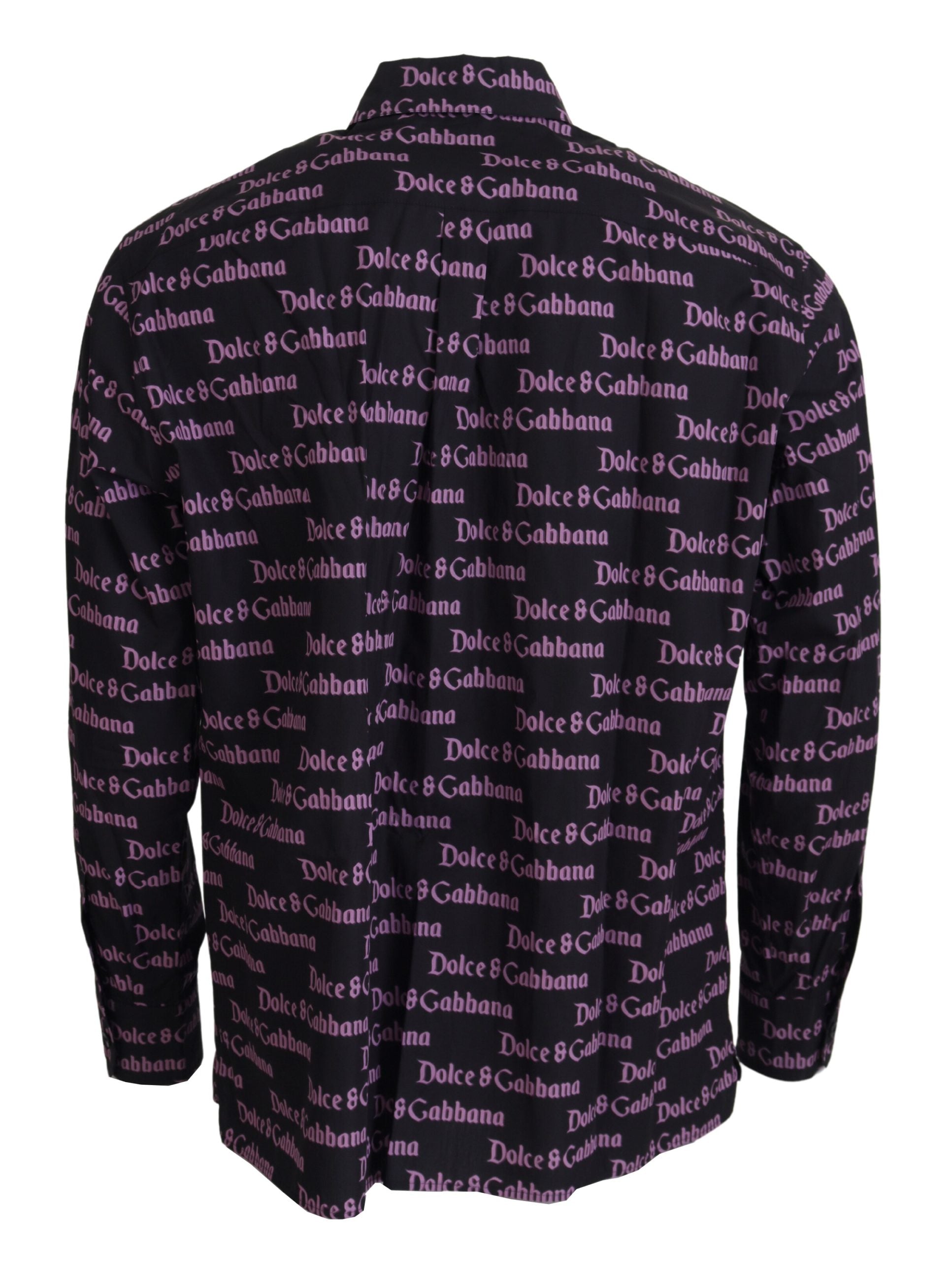 A black shirt with a purple logo pattern on it, featuring the name "Dolce & Gabbana" repeated across the back