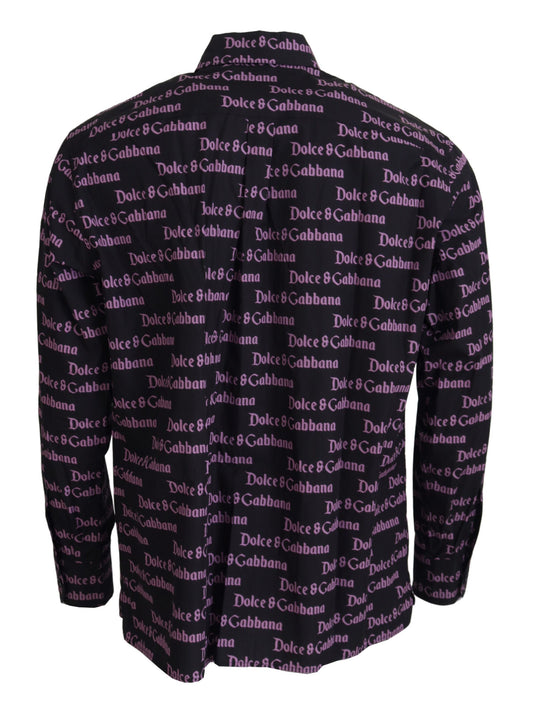A black shirt with a purple logo pattern on it, featuring the name "Dolce & Gabbana" repeated across the back