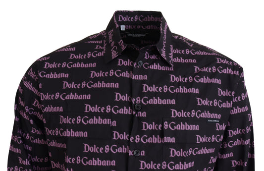 A black shirt with a purple logo pattern featuring the words "Dolce & Gabbana" repeated multiple times