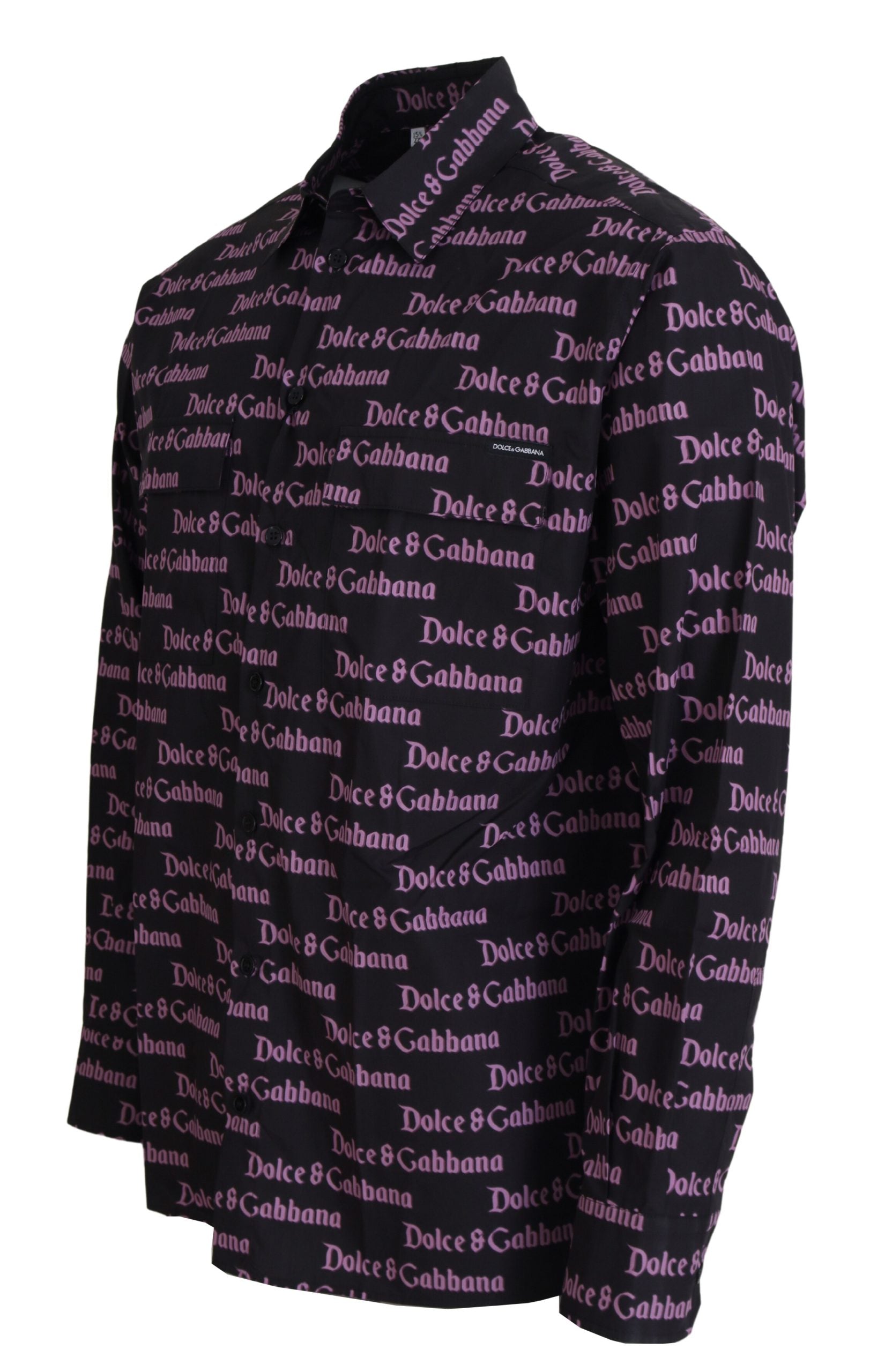 A black slim dress shirt with a purple pattern featuring the Dolce & Gabbana logo