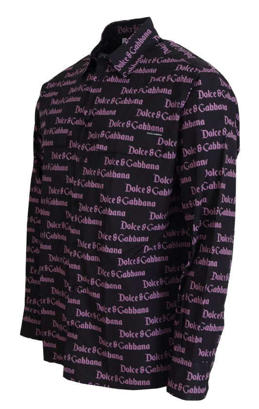 A black slim dress shirt with a purple pattern featuring the Dolce & Gabbana logo