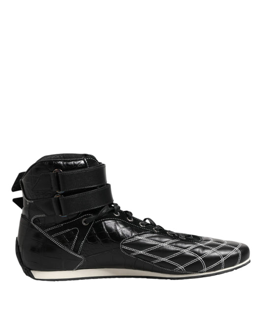 Black high top sneakers with white sole