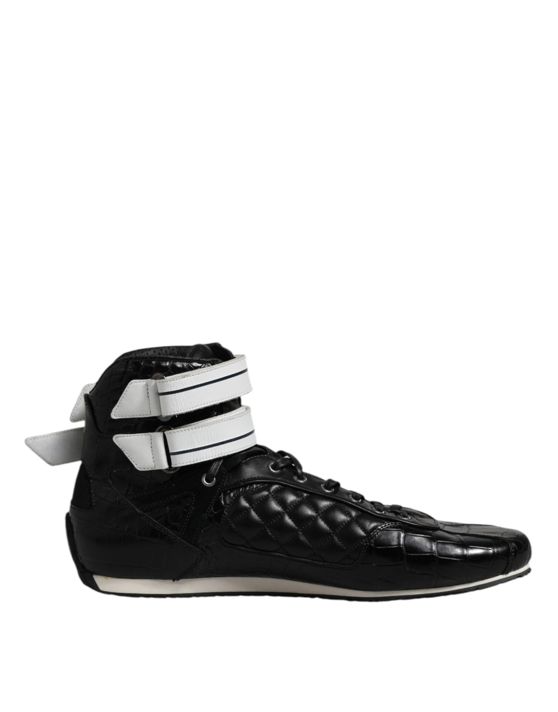 Black high top sneaker with white stripe on side