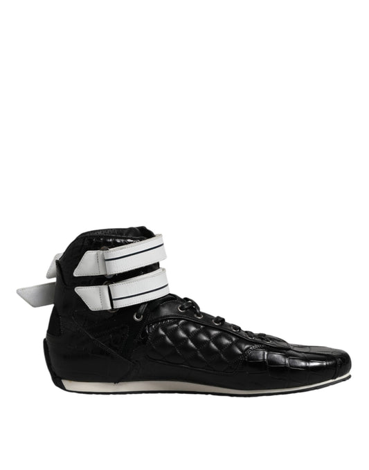 Black high top sneaker with white stripe on side