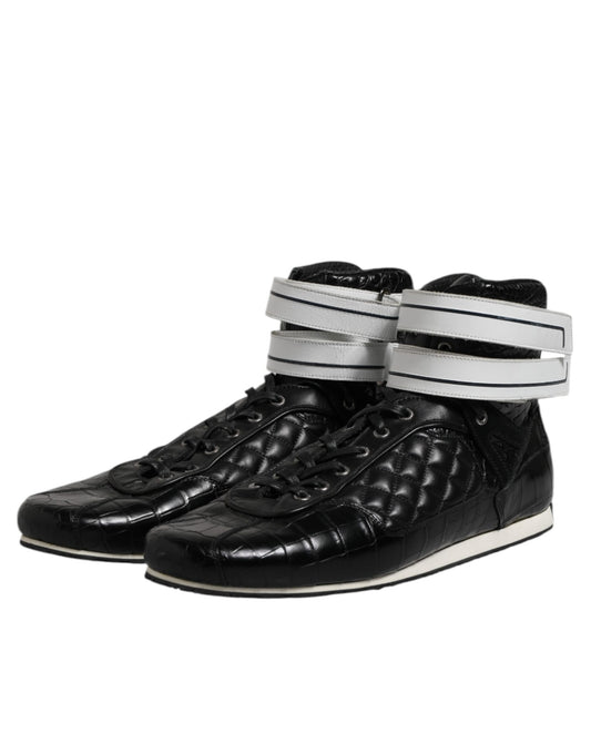 Pair of black leather shoes with white straps