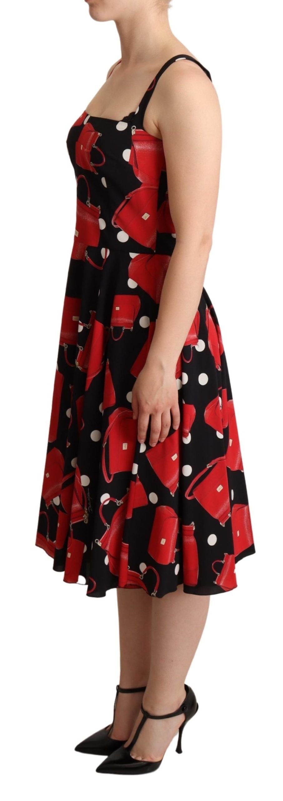 Red dress with white polka dots on a woman