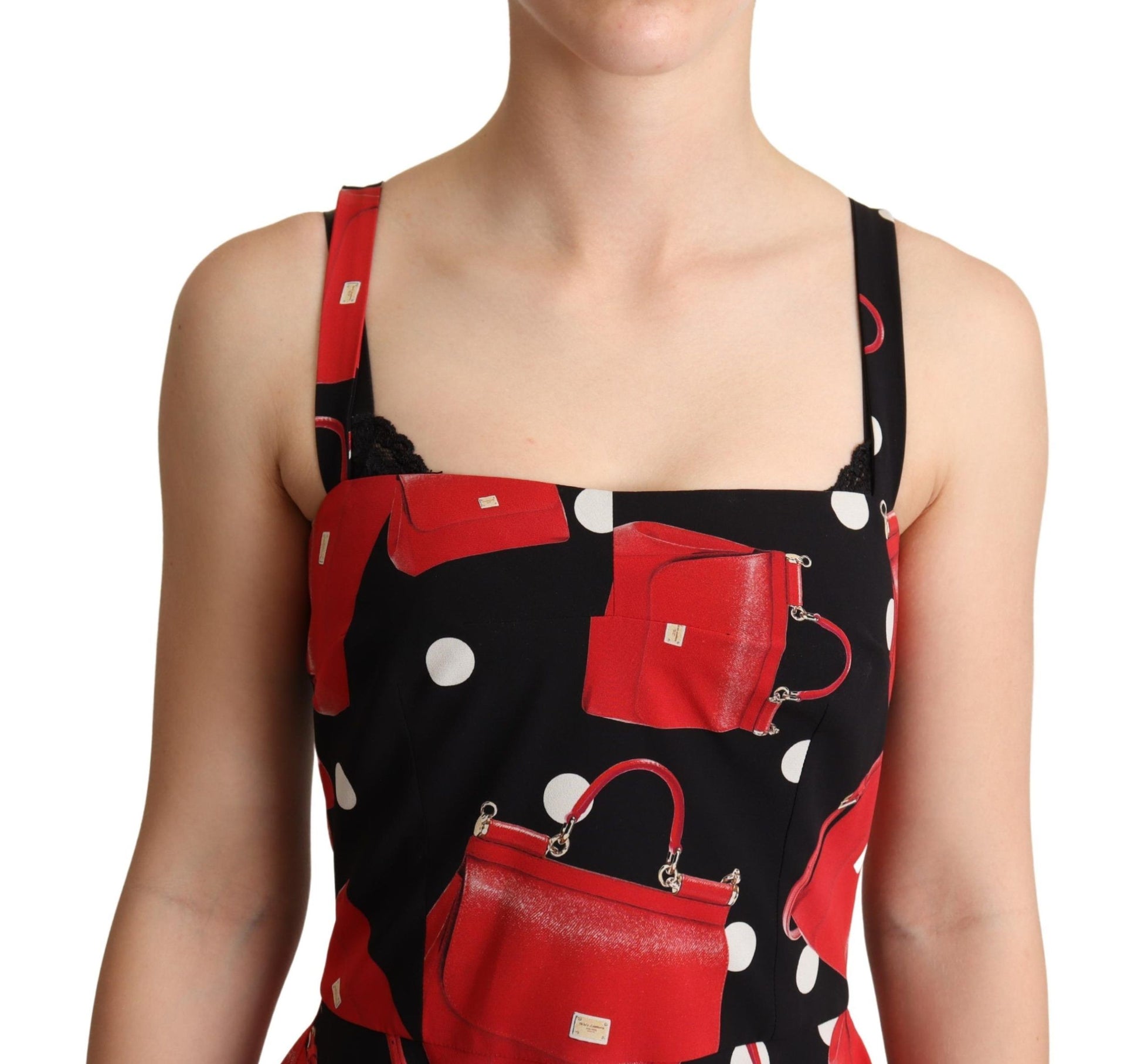 Red polka dot dress with red handbags on front