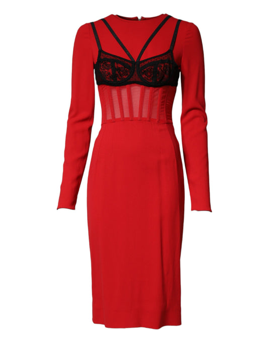A red midi dress with black lace bra detailing and contrasting straps