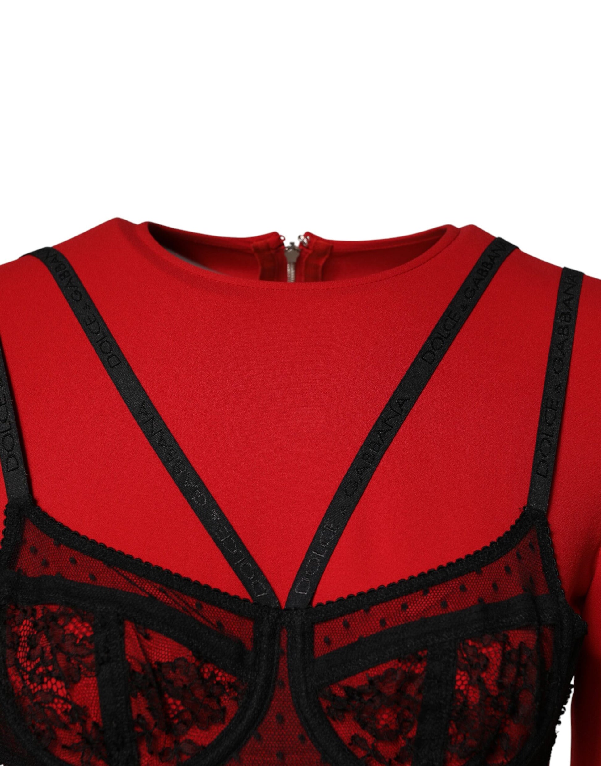 A red and black lace bra with contrasting straps, part of a midi dress