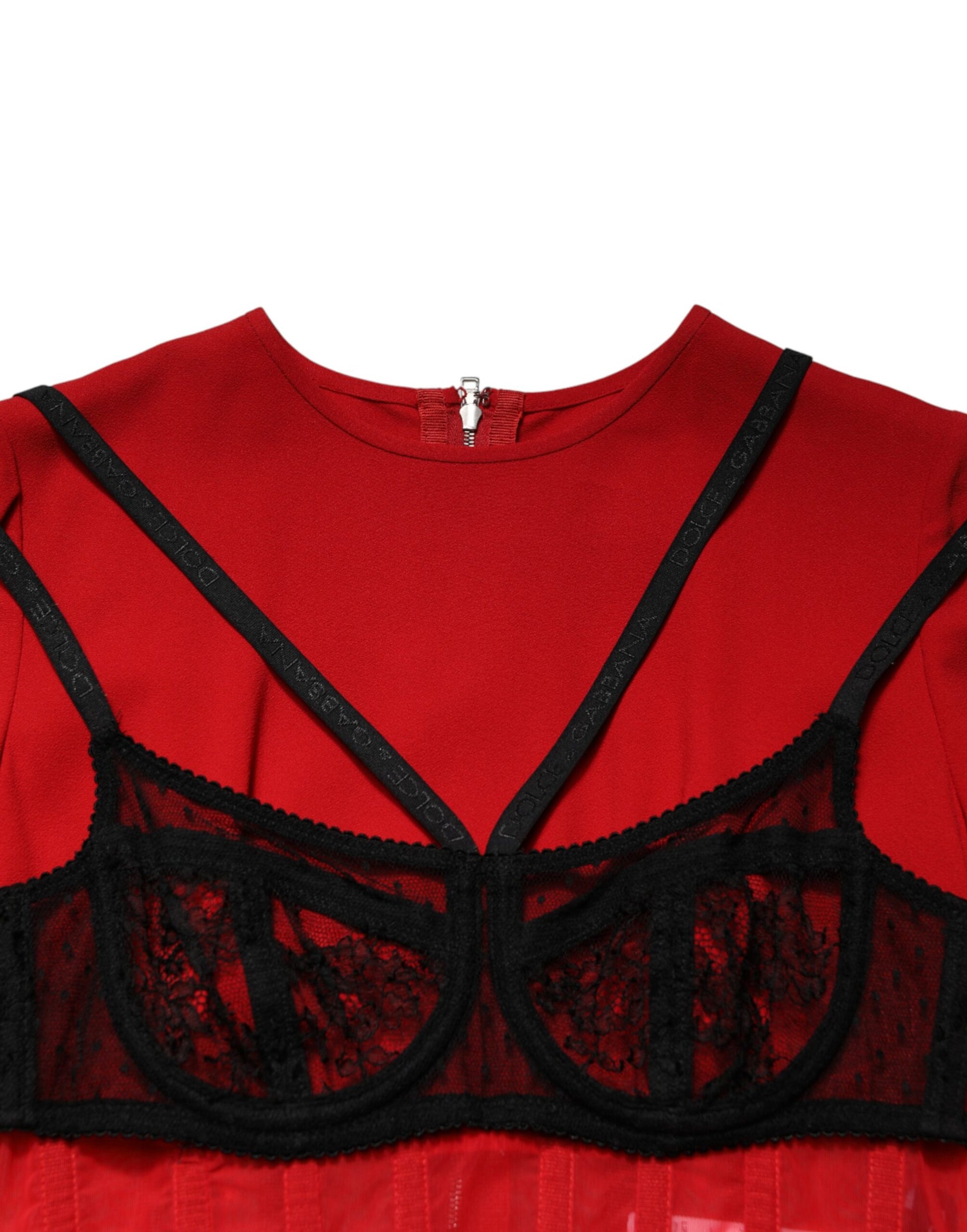 A red and black lace bra with contrasting straps, part of a midi dress