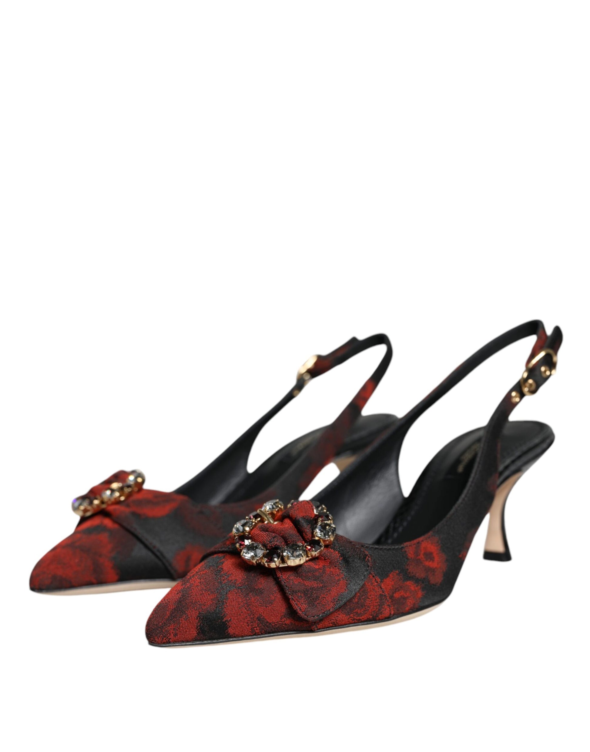 Pair of black high heel shoes with red floral pattern