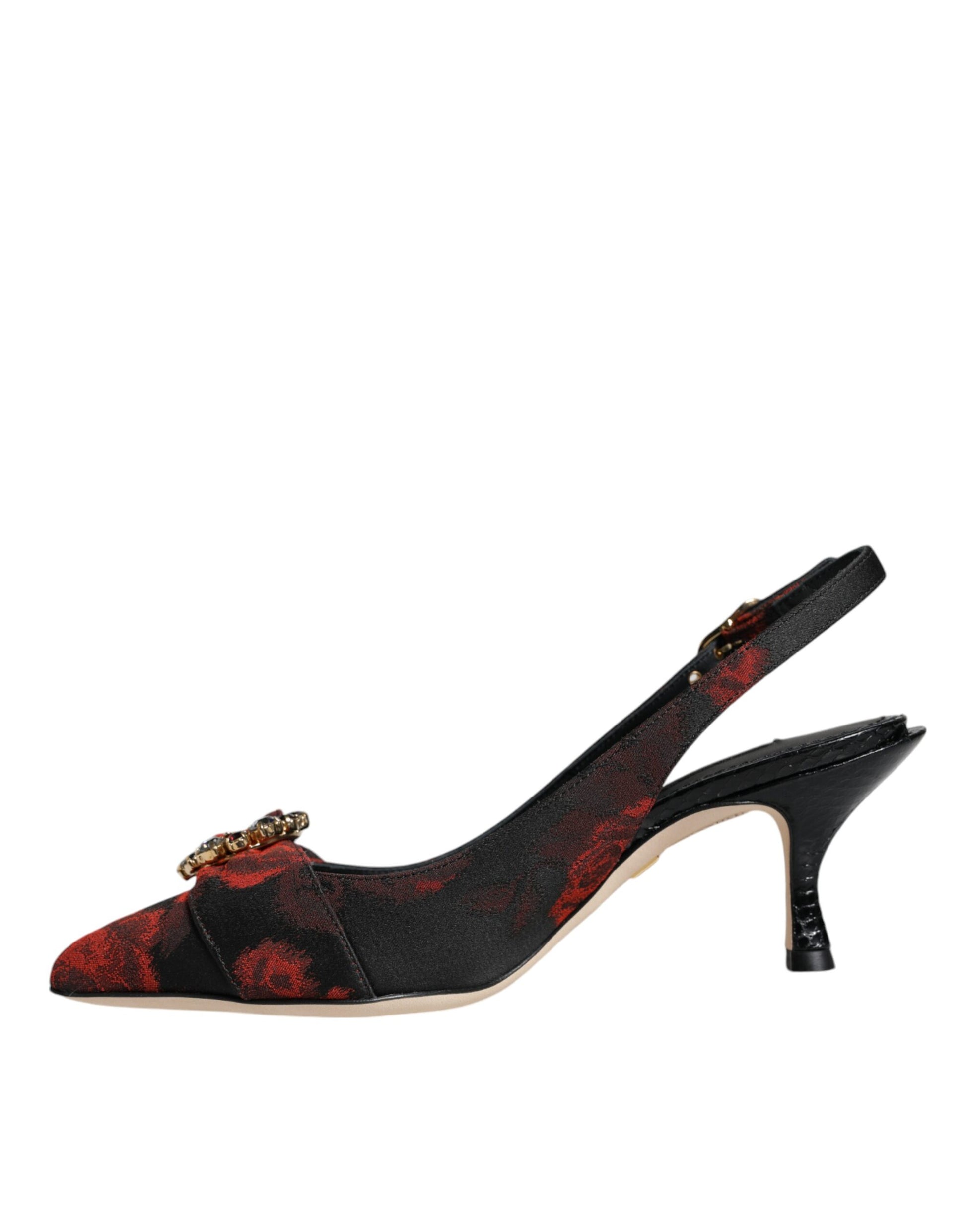 High heel shoe with red floral pattern on toe and heel