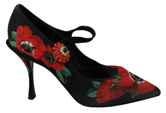 Black high heel shoes with red flower embroidery and gold accents