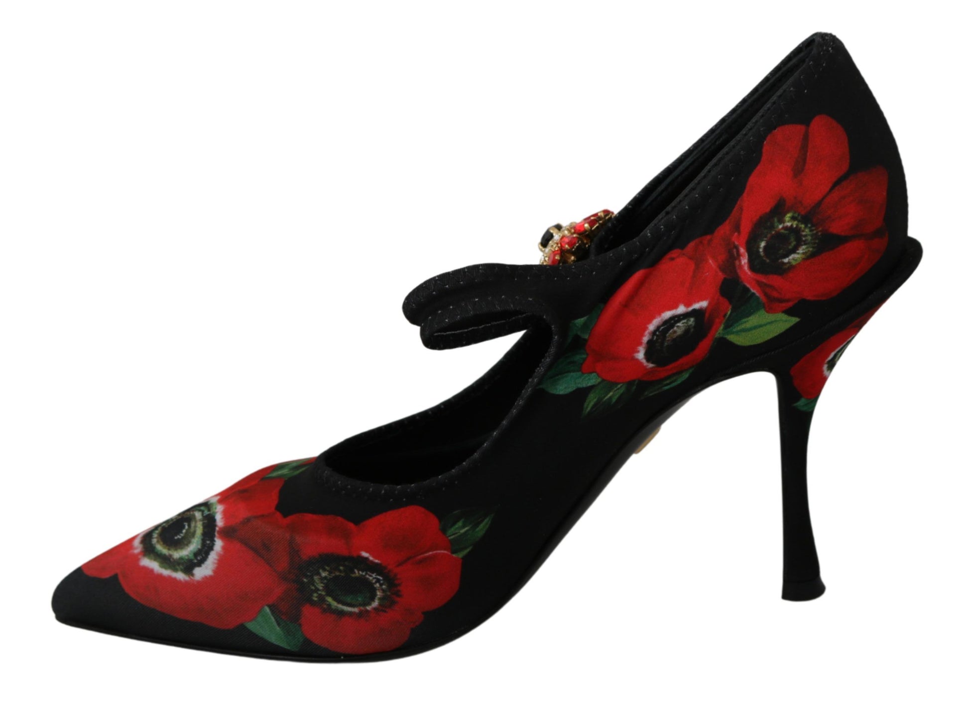 Pair of women's high heel shoes with red flower embellishments and black straps