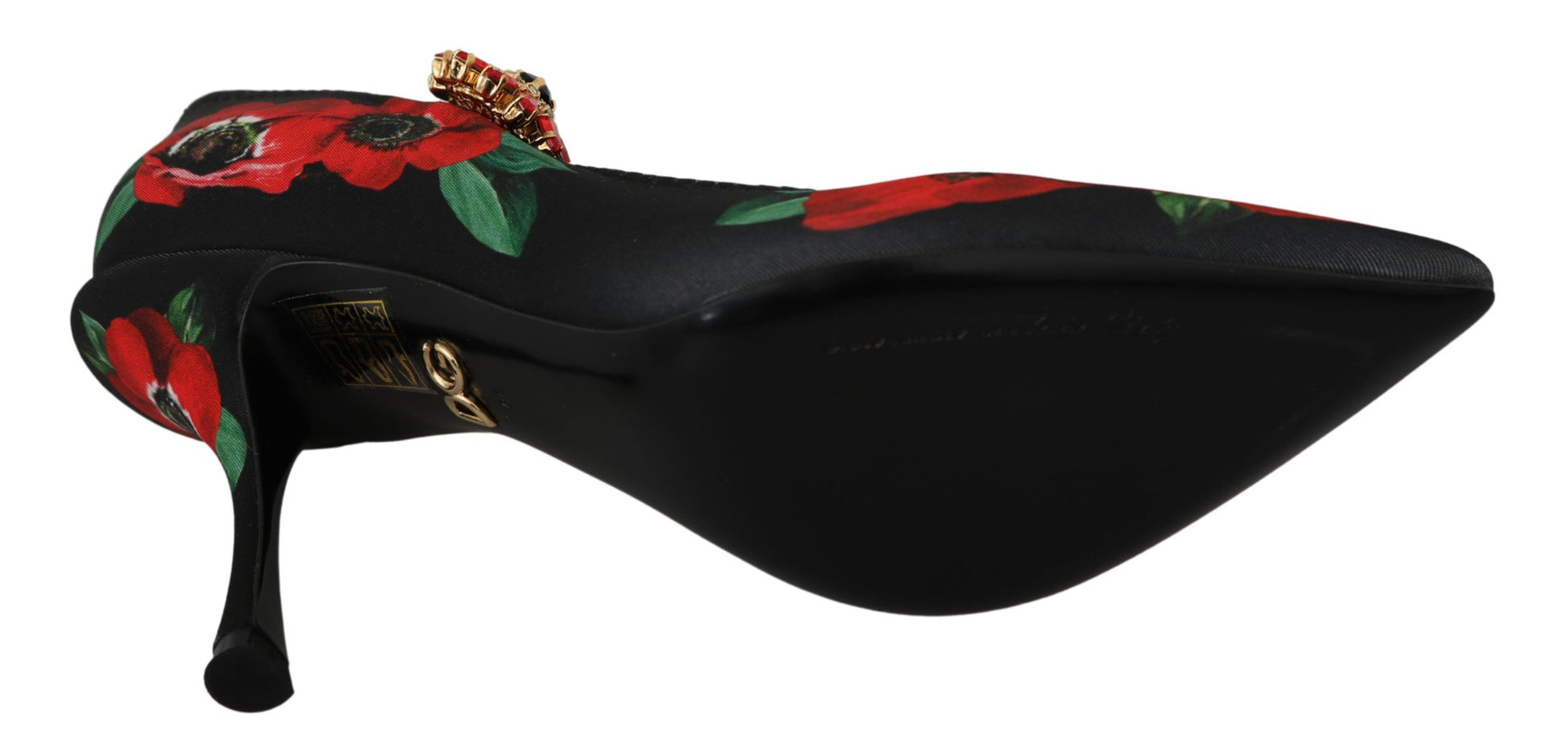 High heel shoe with red and black floral pattern on toe cap