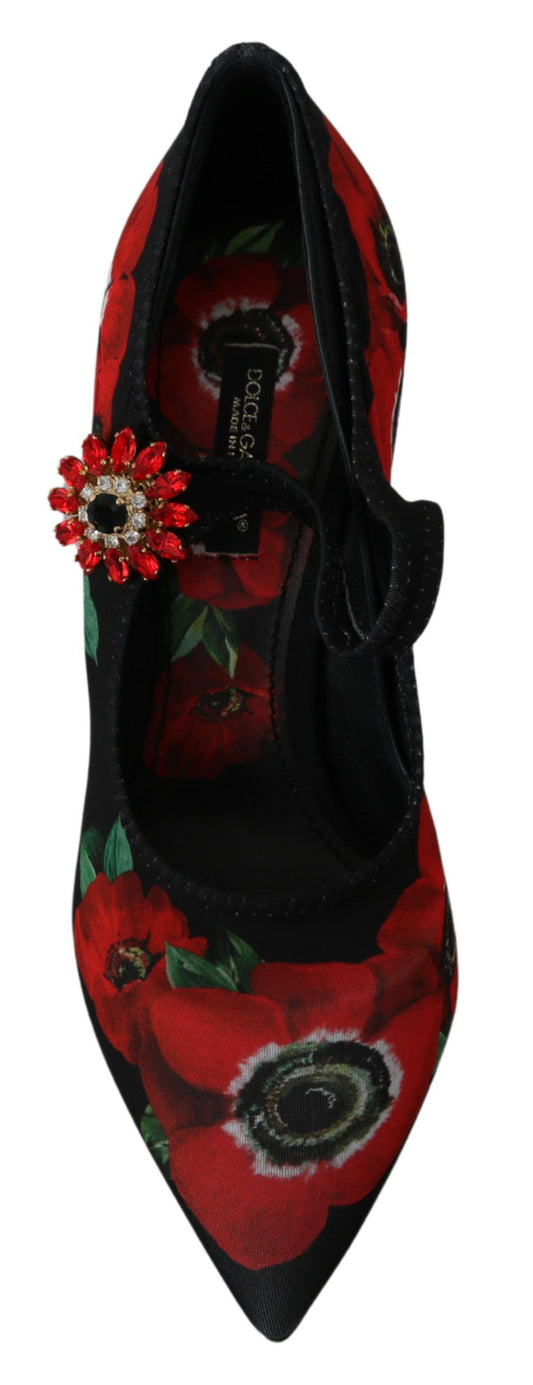 Red and black floral shoe with bow on top