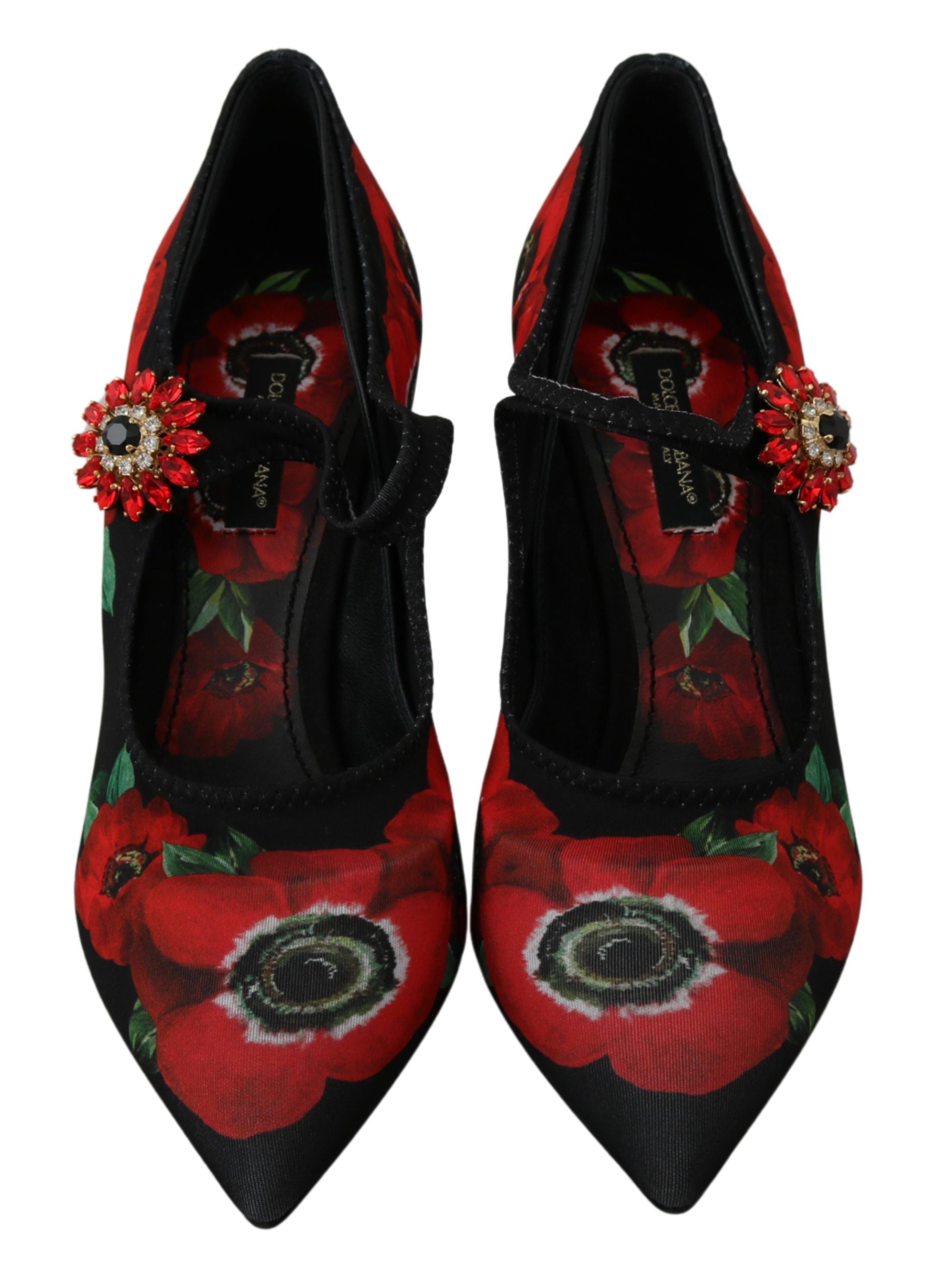 Pair of women's shoes with floral pattern and red accents