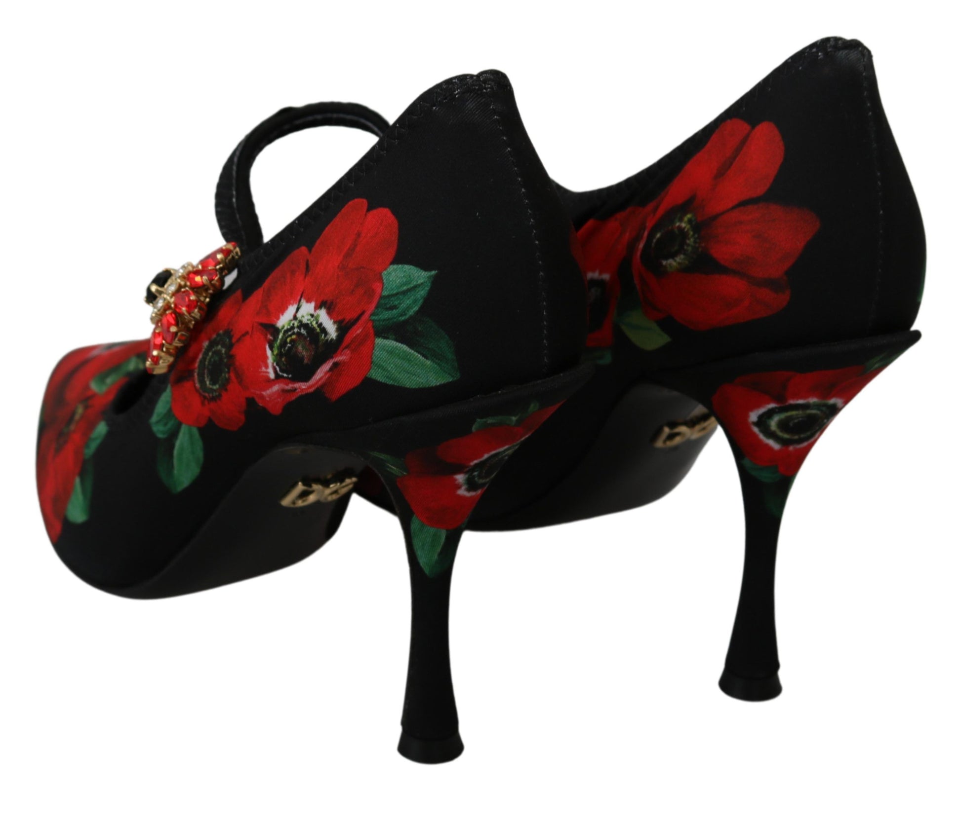Pair of black high heel shoes with red flower embroidery and gold accents