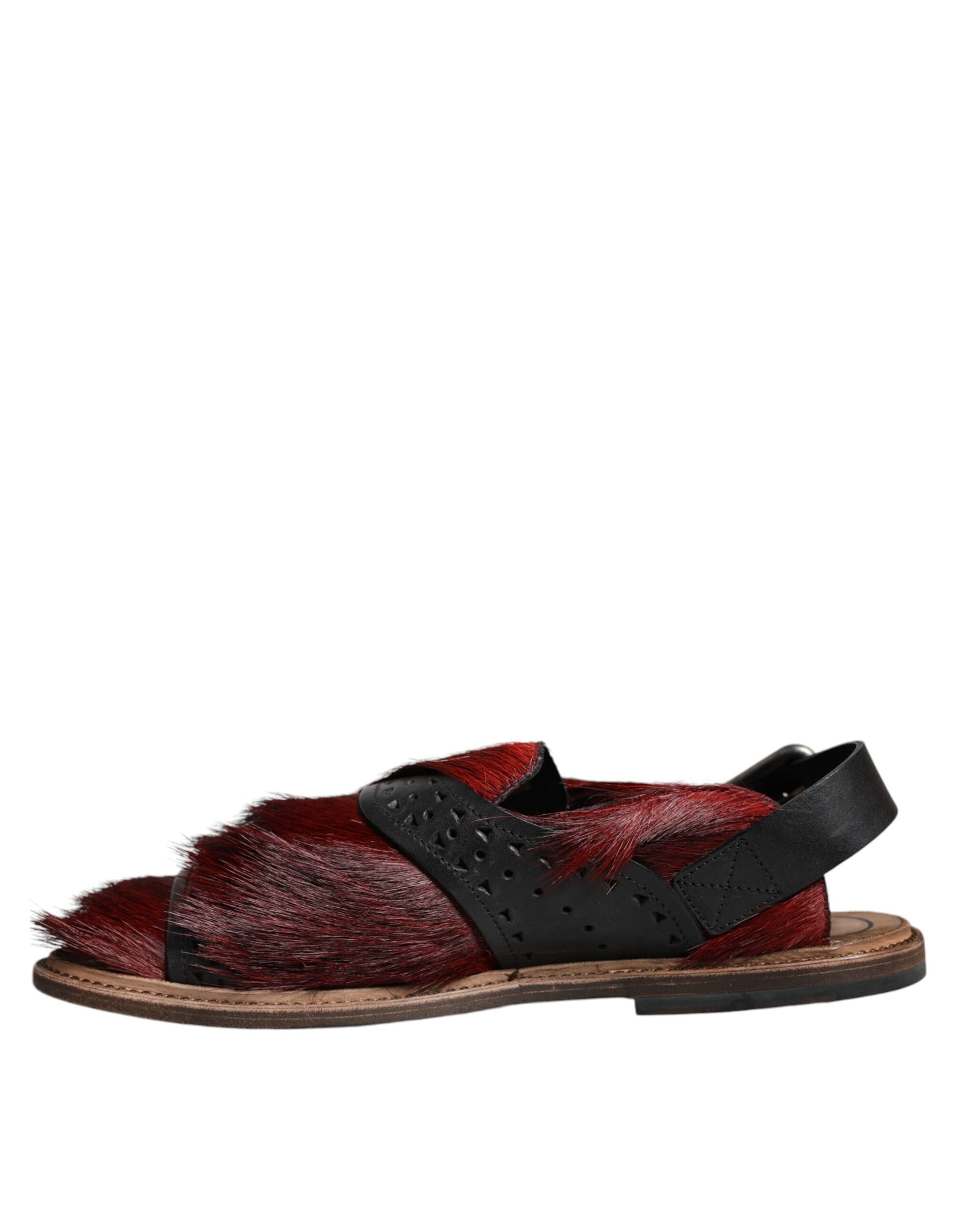 Red and black sandal with fur trim