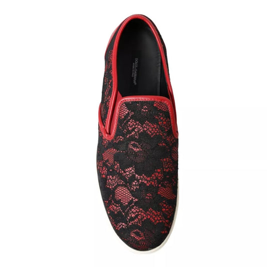 A pair of red and black lace-up slip-on shoes with a floral pattern