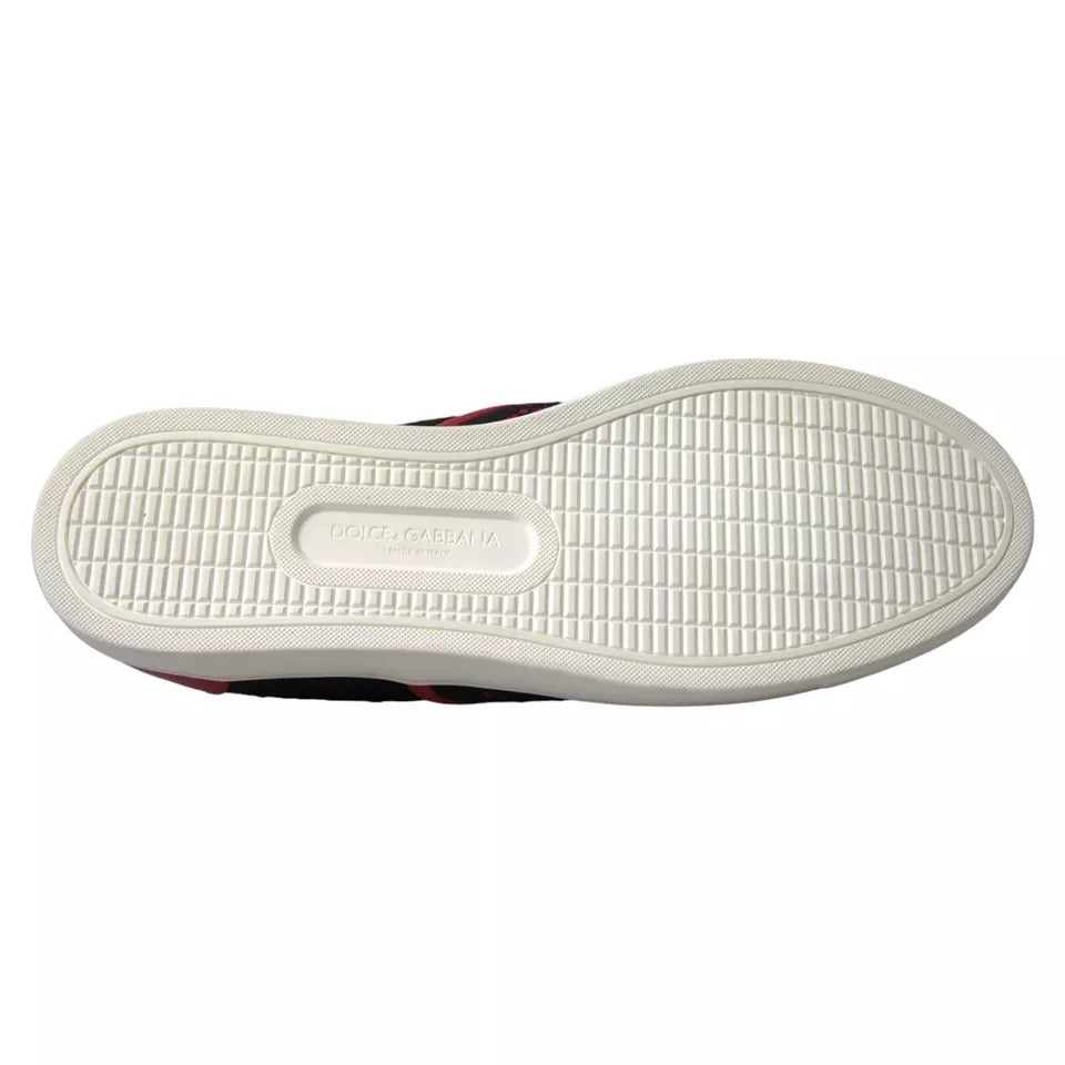 A pair of black and red lace-up slip-on shoes with a low top