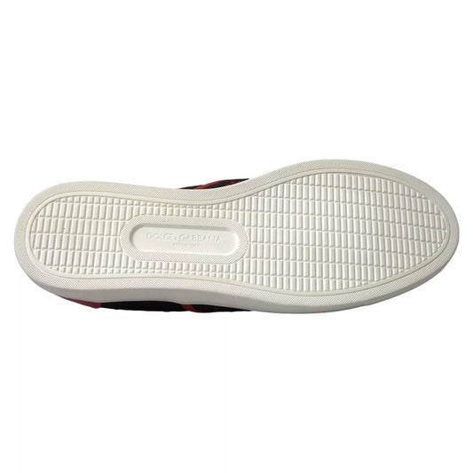 A pair of black and red lace-up slip-on shoes with a low top