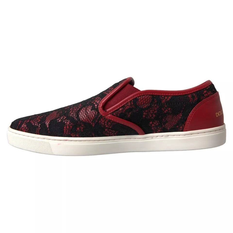 A pair of red and black lace-up slip-on shoes with a patterned design