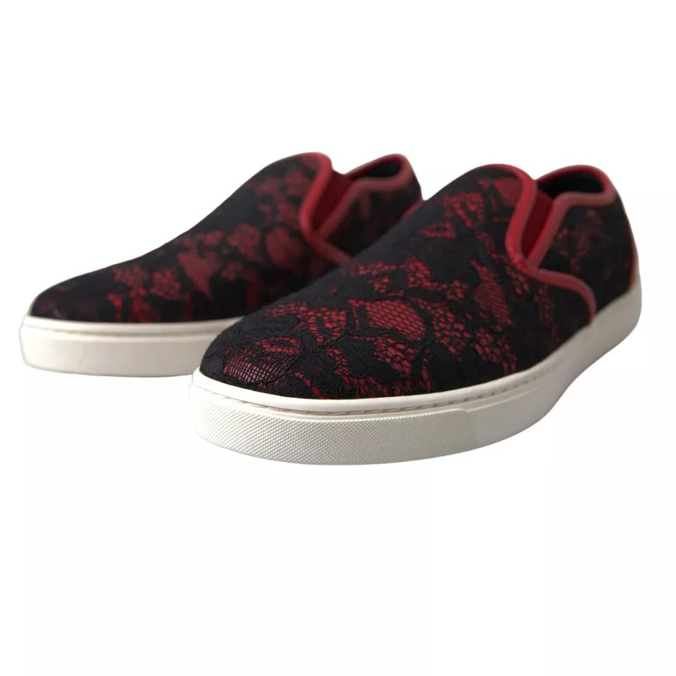 A pair of black and red lace-up slip-on shoes with a low top