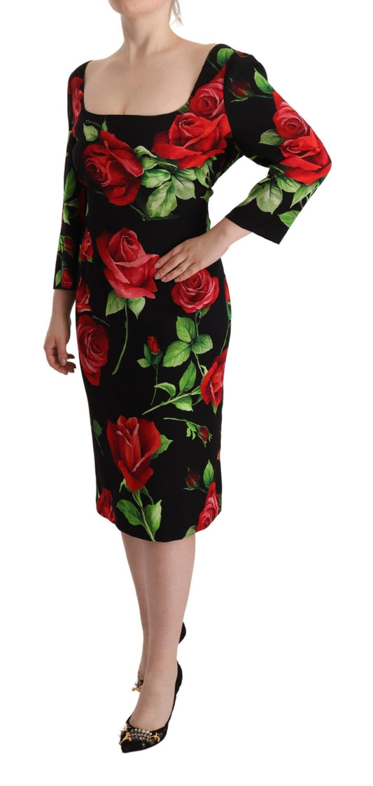 A black dress with red roses print, sleeveless design and stretch silk material