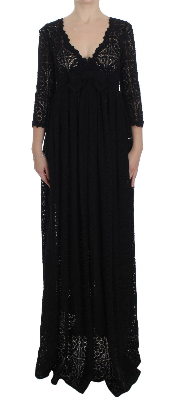 Long black lace dress with long sleeves and a deep V neckline