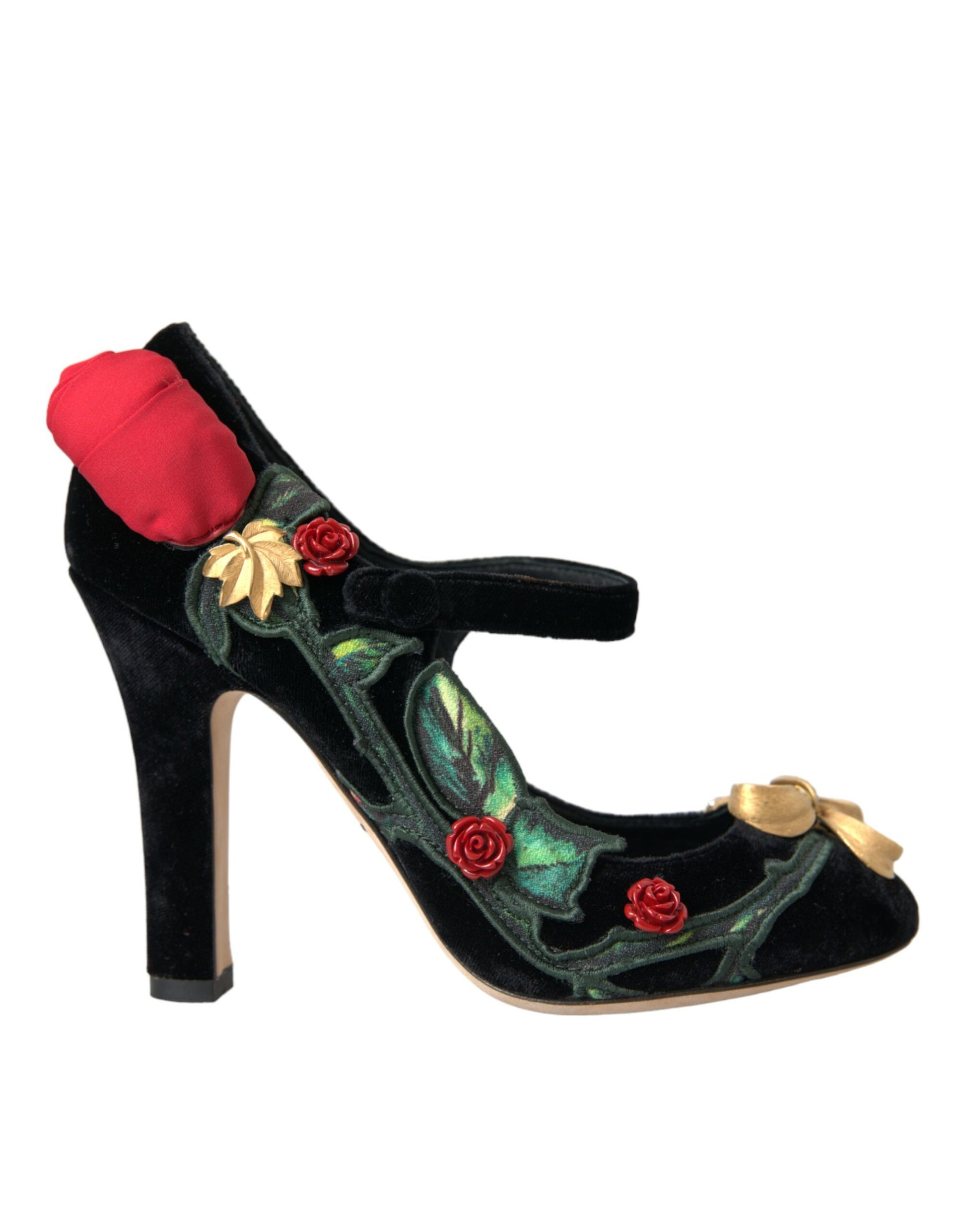 Black suede high heel shoe with red flowers and green leaves embroidered on vamp