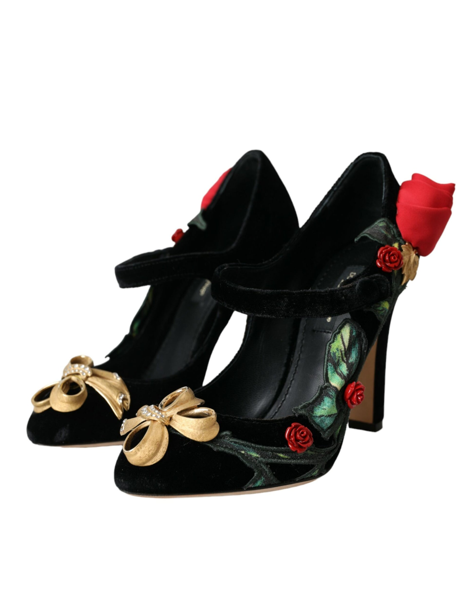 Pair of black high heel shoes with red roses and green leaves embroidered on top