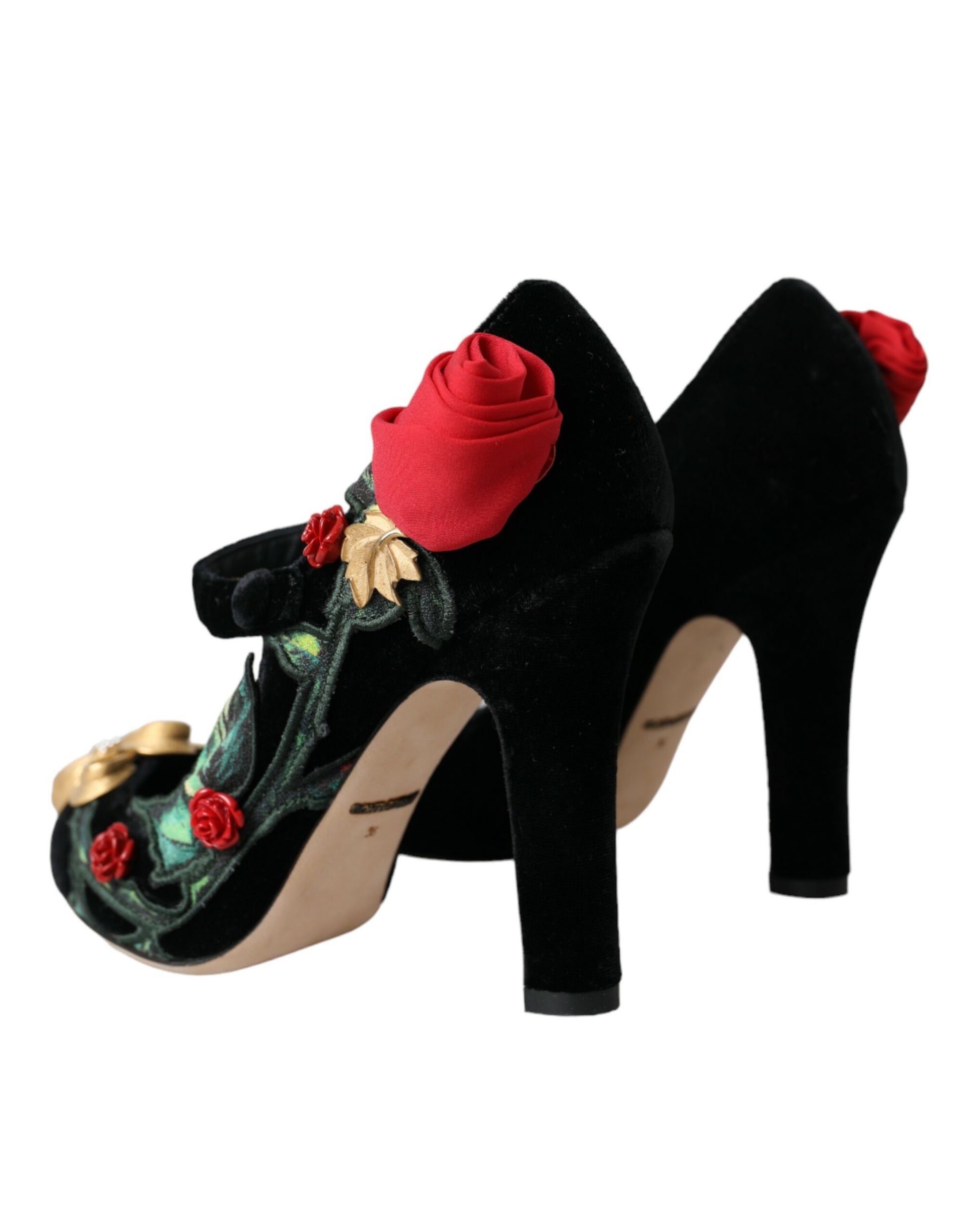 Black velvet shoes with red rose embellishment and gold accents