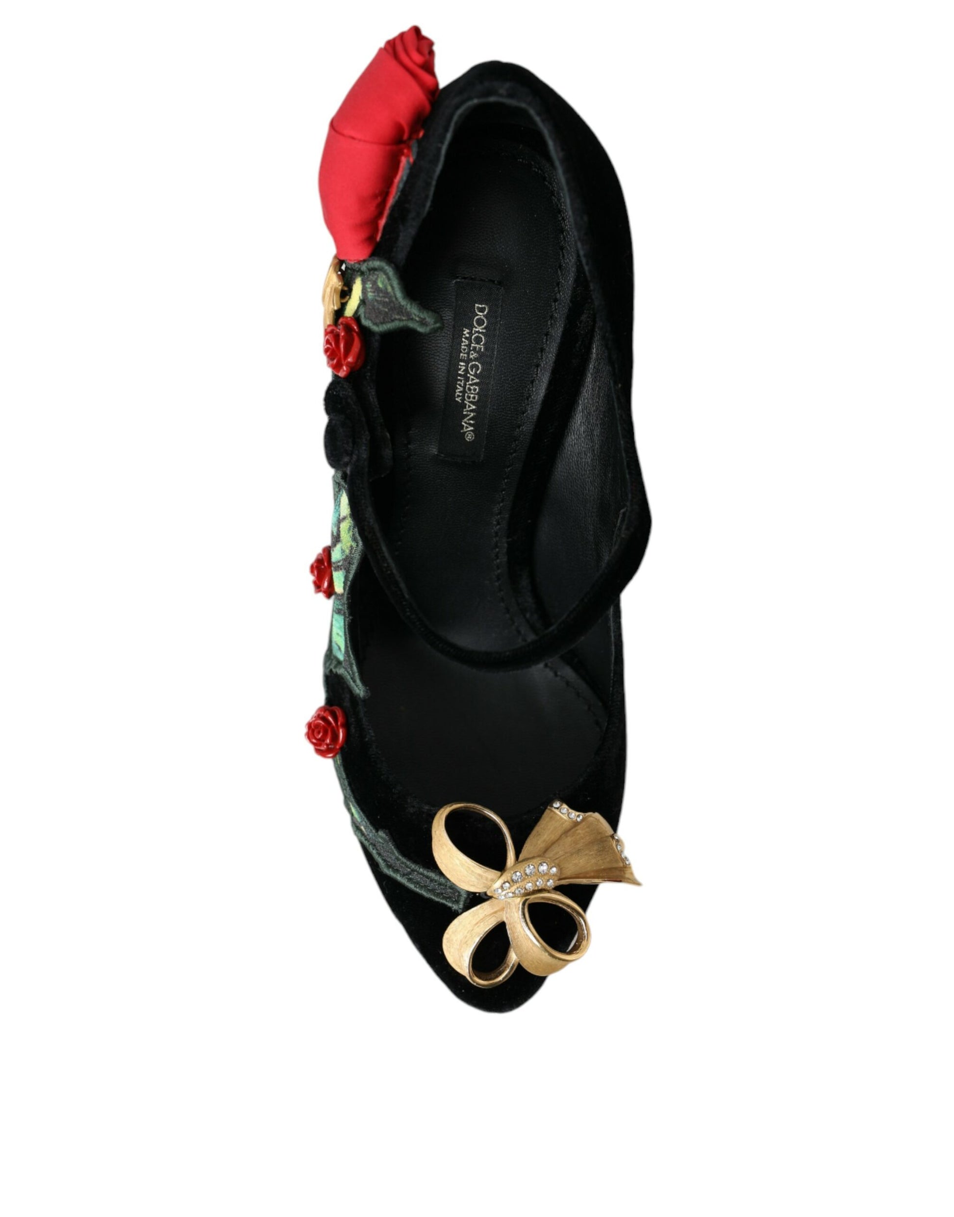 Black shoe with red flowers and gold accents