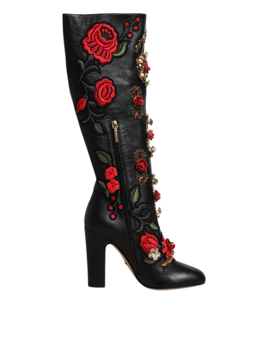 Black boot with red roses and gold accents