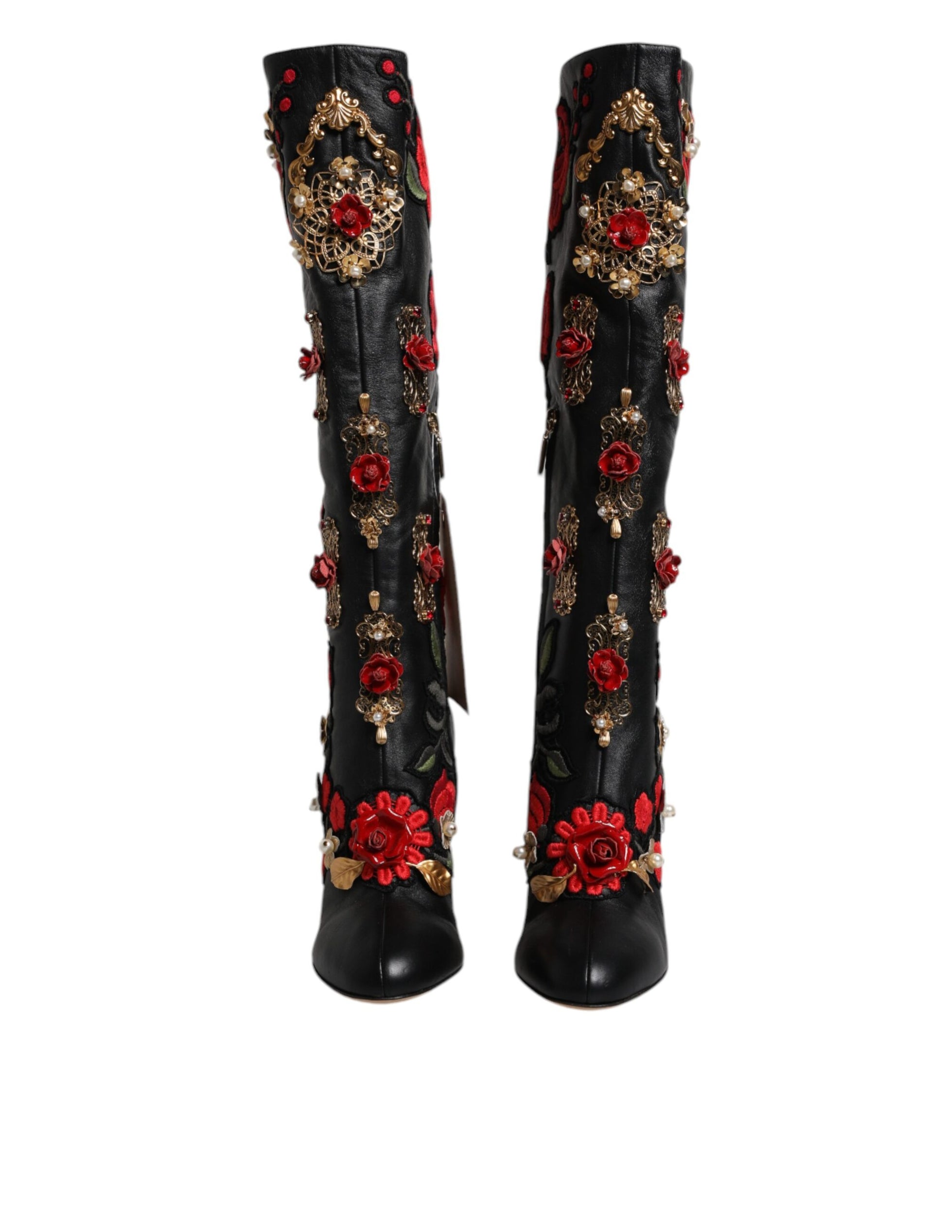 Pair of black boots with red floral embroidery