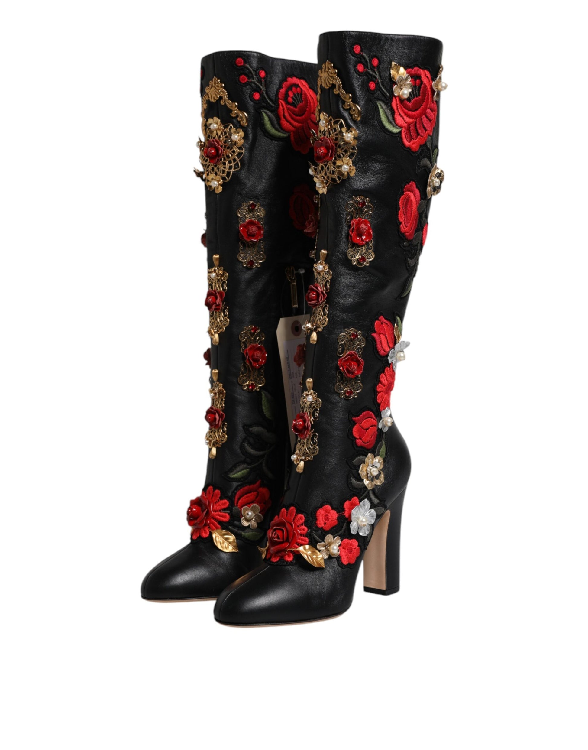 Black boots with red roses and gold accents