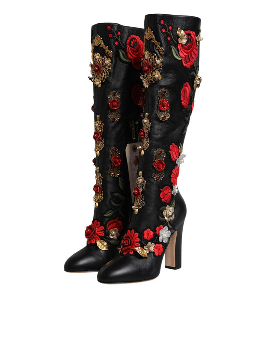 Black boots with red roses and gold accents
