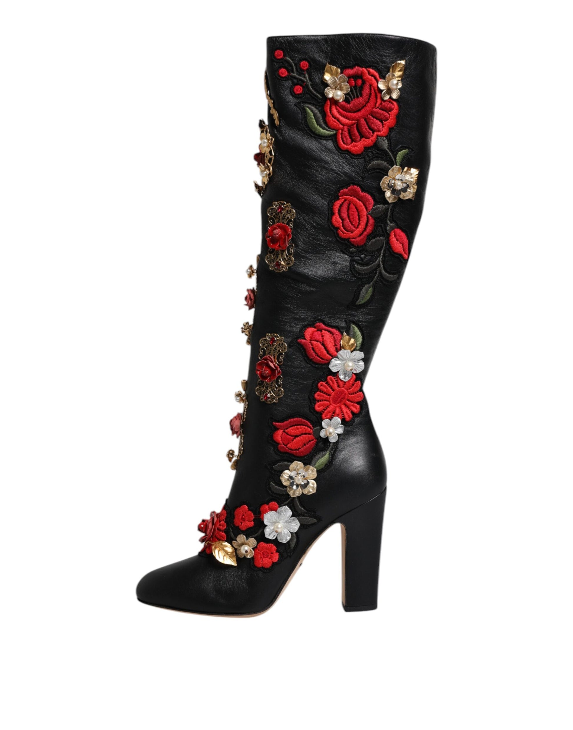 Black boot with red roses and gold accents