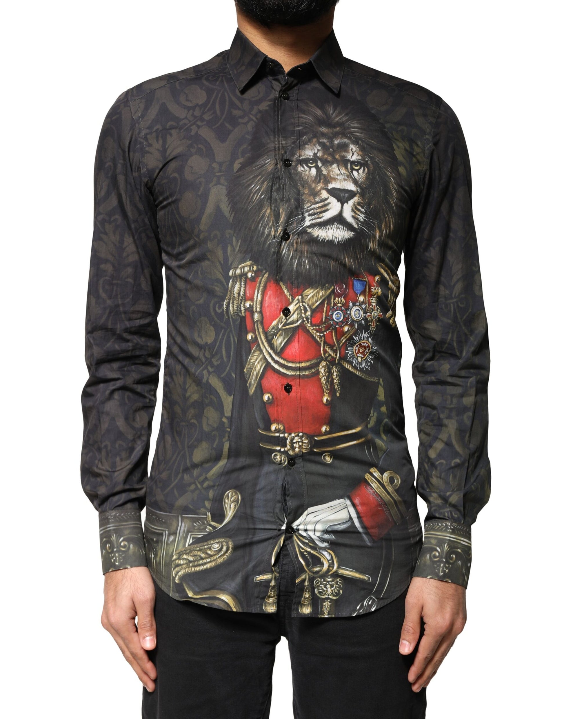 A black dress shirt with a gold royal portrait design, featuring a lion and a soldier