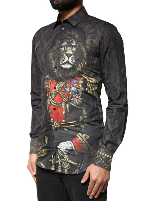 A black dress shirt with a gold portrait of a royal pet, featuring a lion and a crown