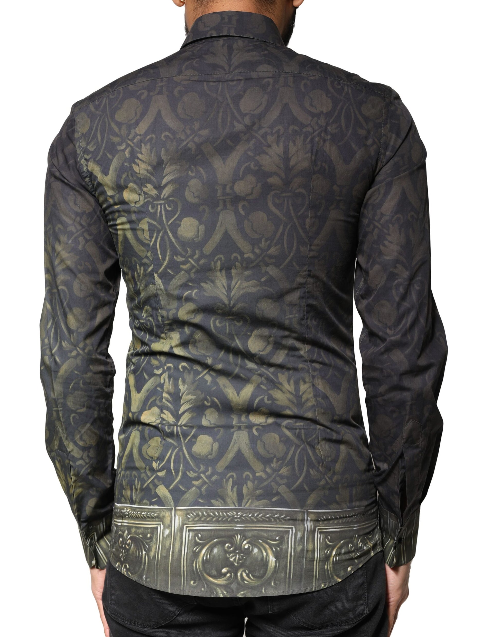 A black dress shirt with gold embroidery and a portrait of a dog on the back