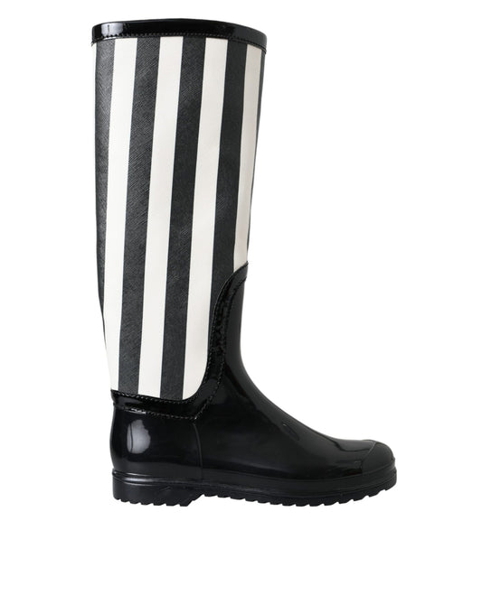 Black rain boot with white stripes