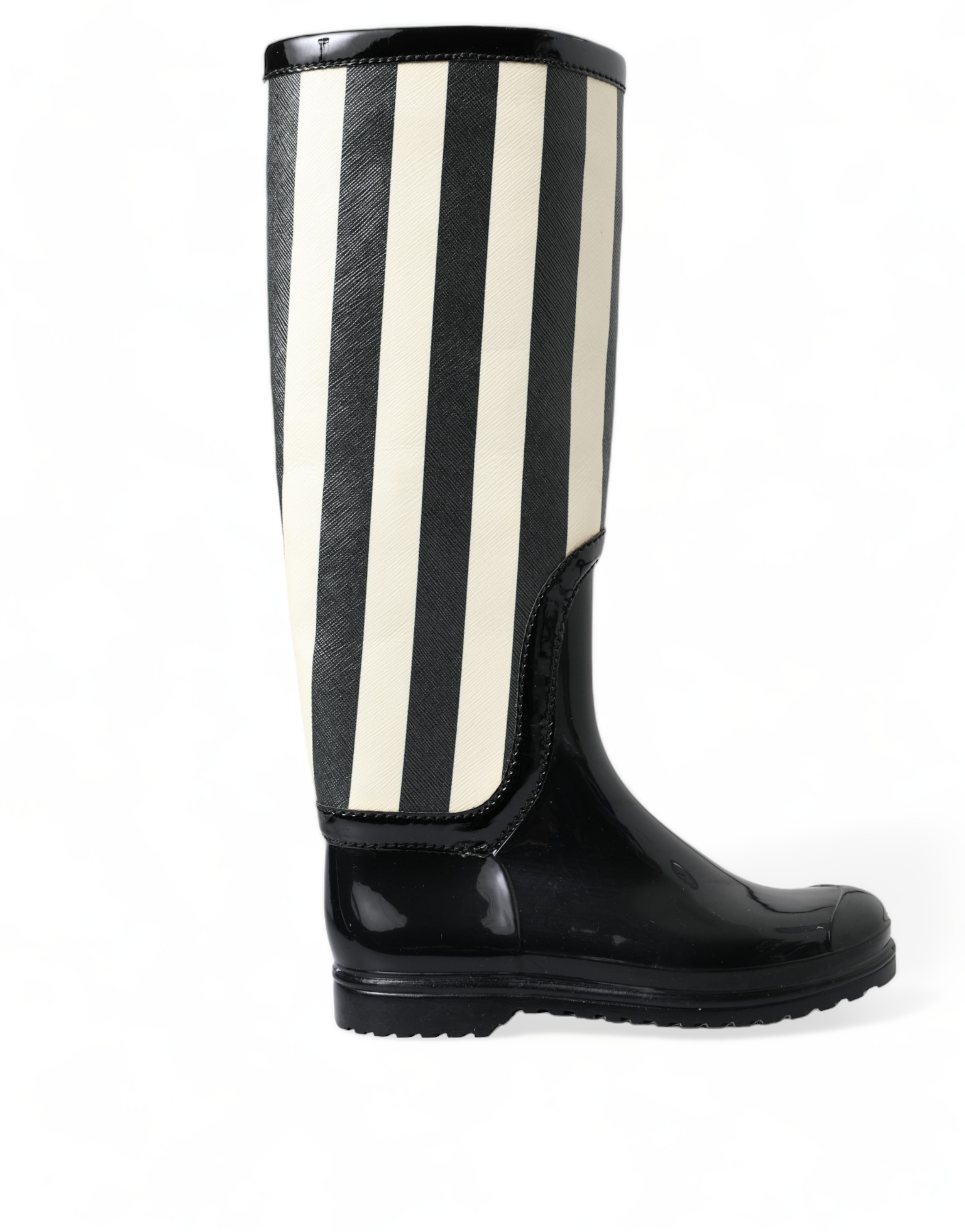 Black rain boot with white stripes and a black rubber sole