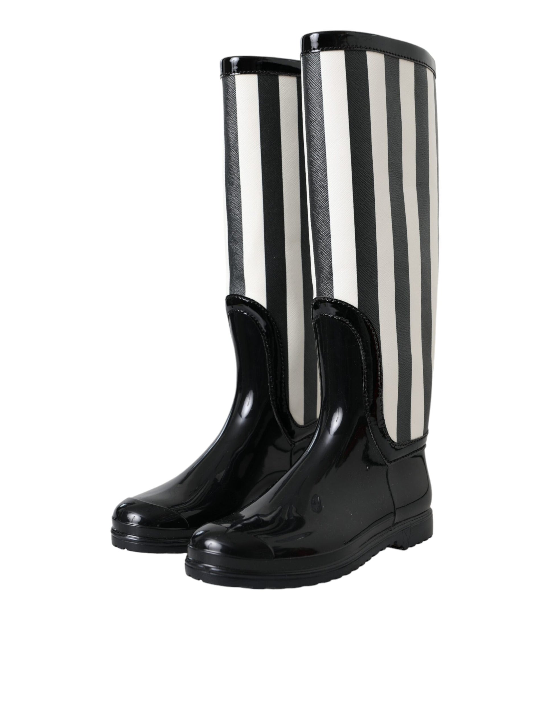 Pair of black rain boots with white stripes