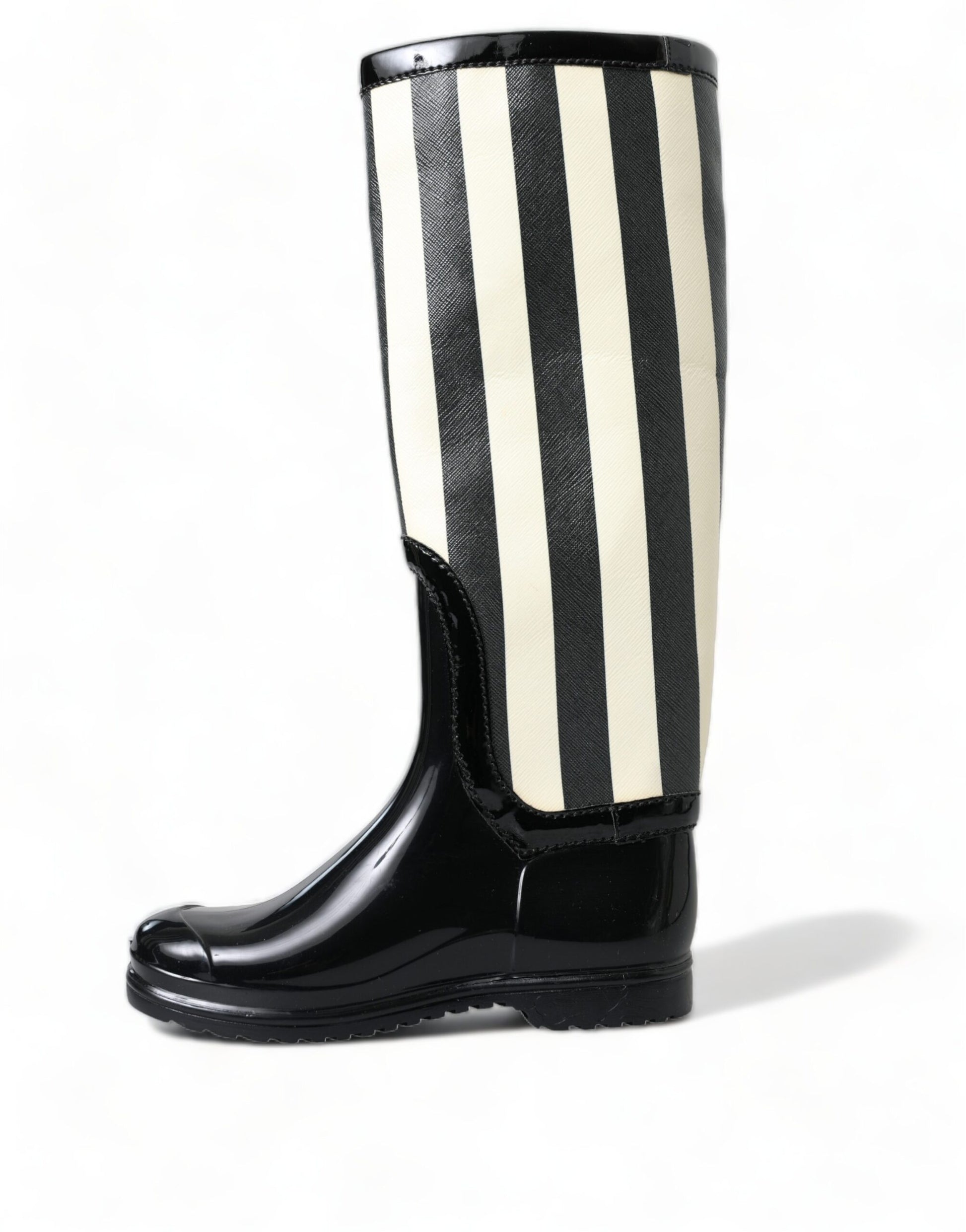 Black rain boot with white stripes and a black rubber bottom