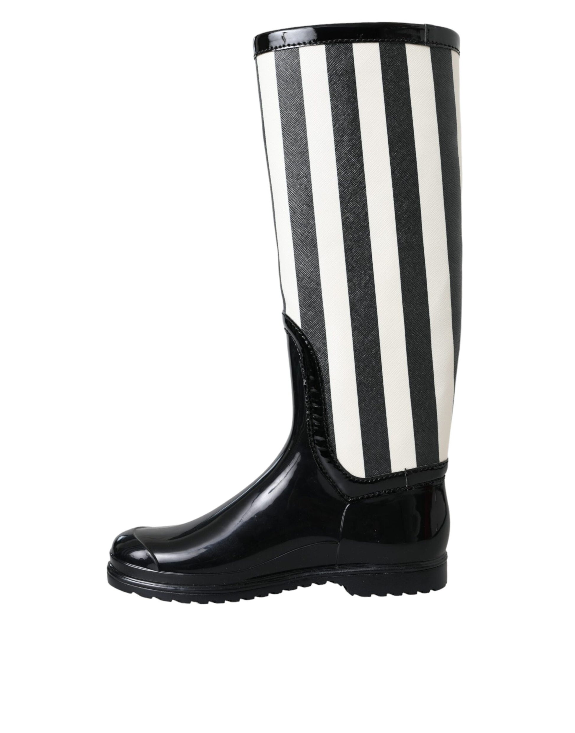 Black rain boot with white stripes on sides