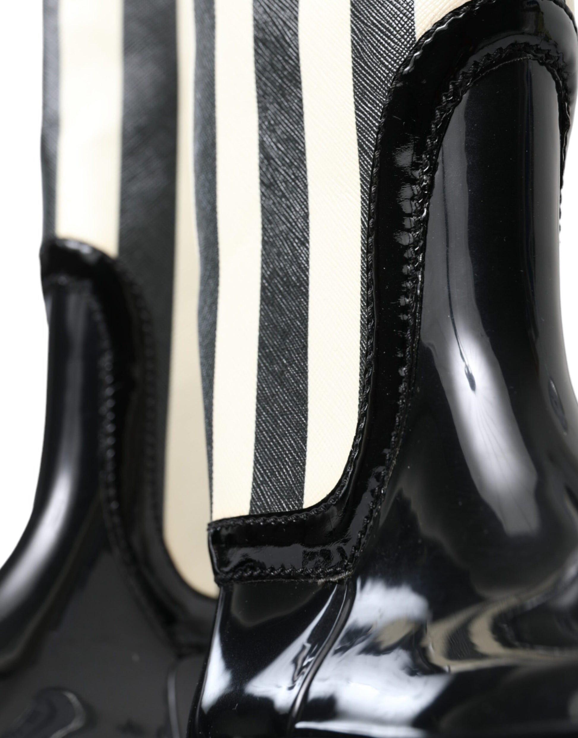 Pair of black rain boots with white stripes on sides and heel