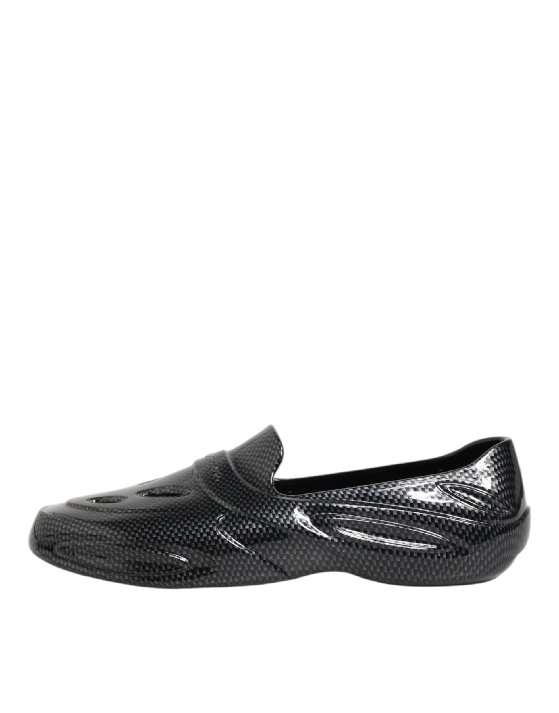 Black shoe with white stripes on sides