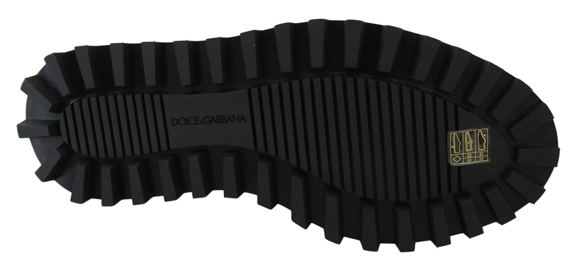 Black rubber boot with deep treads and a logo on the side
